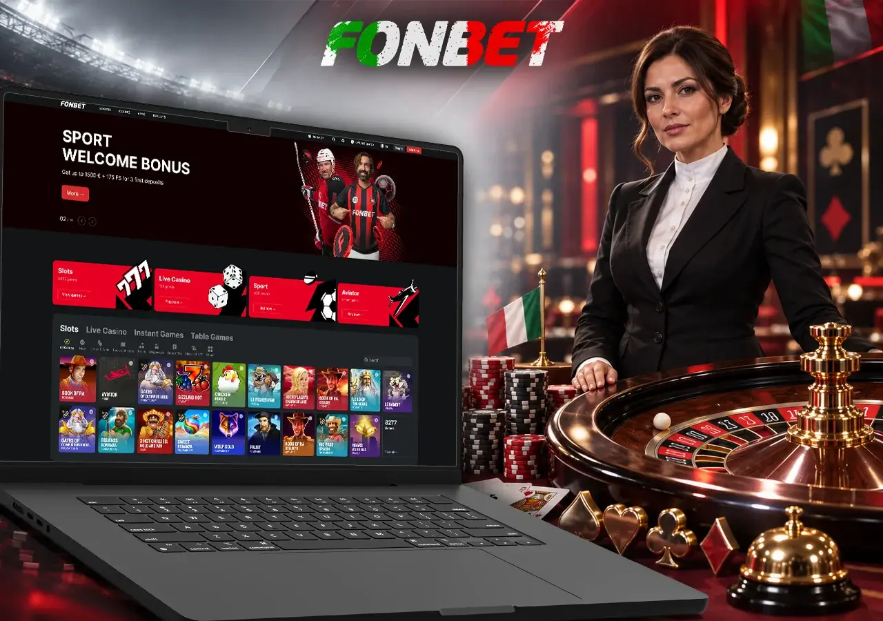 Panoramica di slot, giochi da tavolo e casinò con croupier su Fonbet